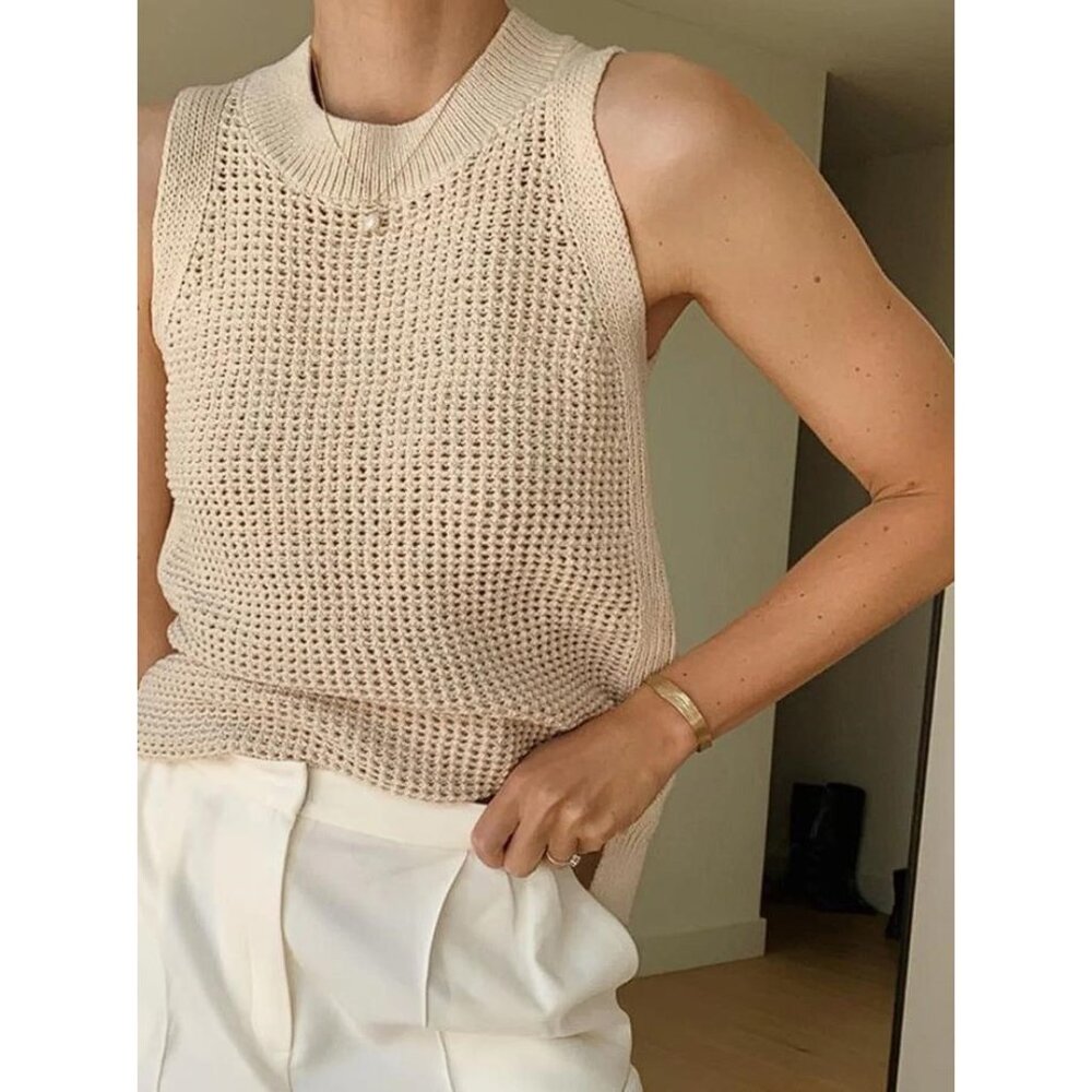 COMMENSE Women's Knit Hollow Solid Tank Top Size S In Apricot